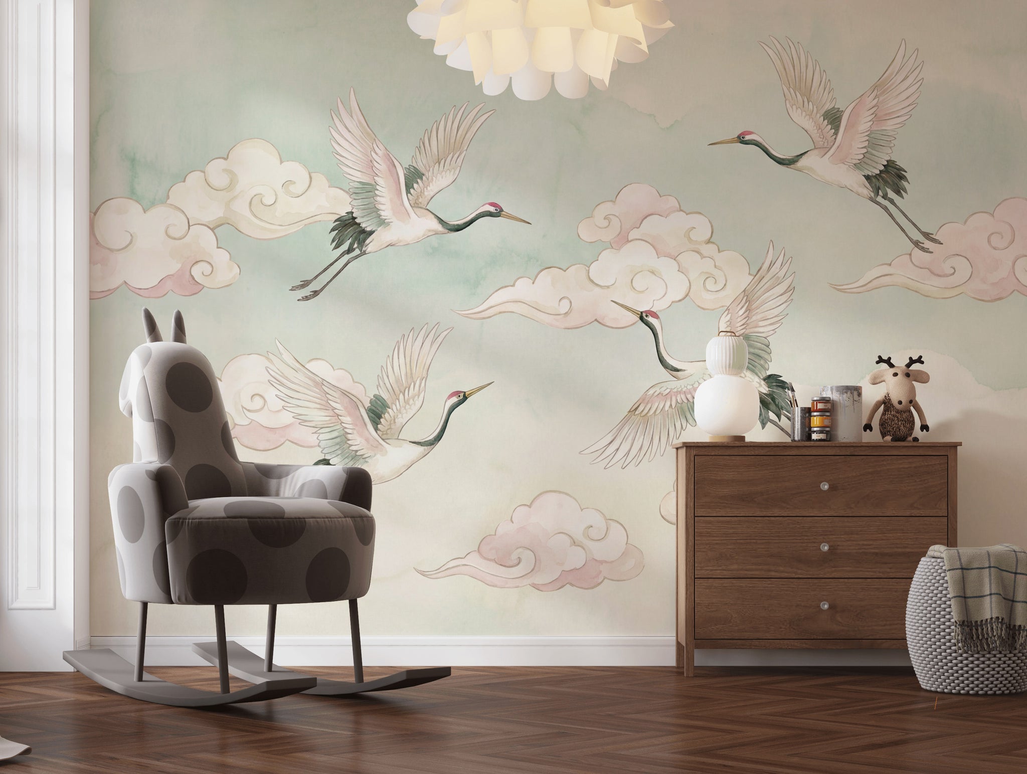 Uçan Turnalı Poster Duvar Kağıdı Pastel Bulutlu Çocuk Odası