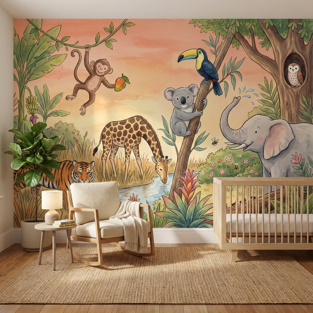 Safari Hayvanlı Poster Duvar Kağıdı Çocuk Odası Pastel Orman
