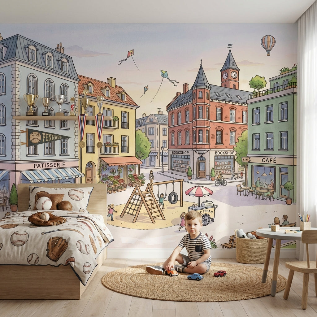 Şehir Meydanı Çocuk Poster Duvar Kağıdı Pastel İllüstrasyon