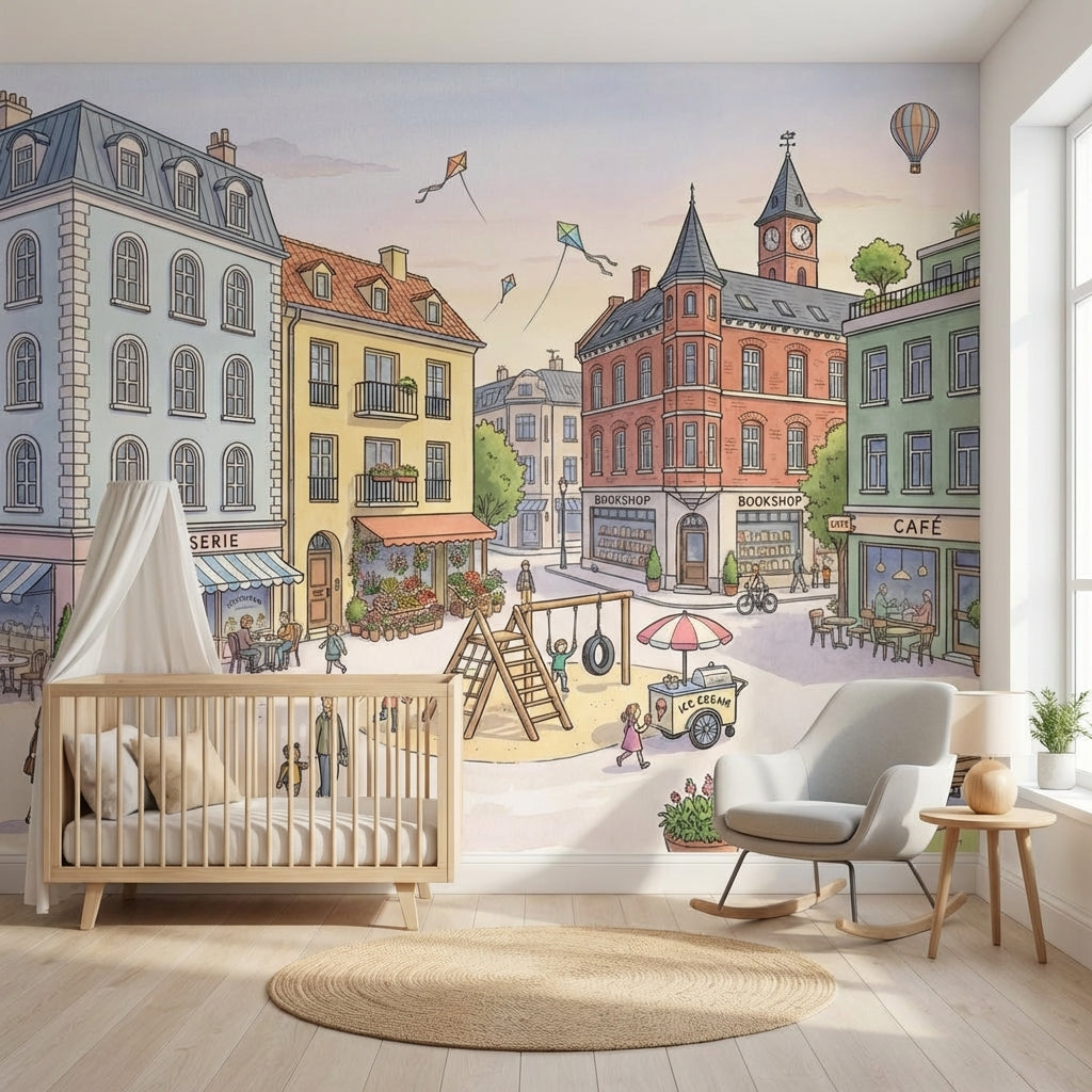 Şehir Meydanı Çocuk Poster Duvar Kağıdı Pastel İllüstrasyon