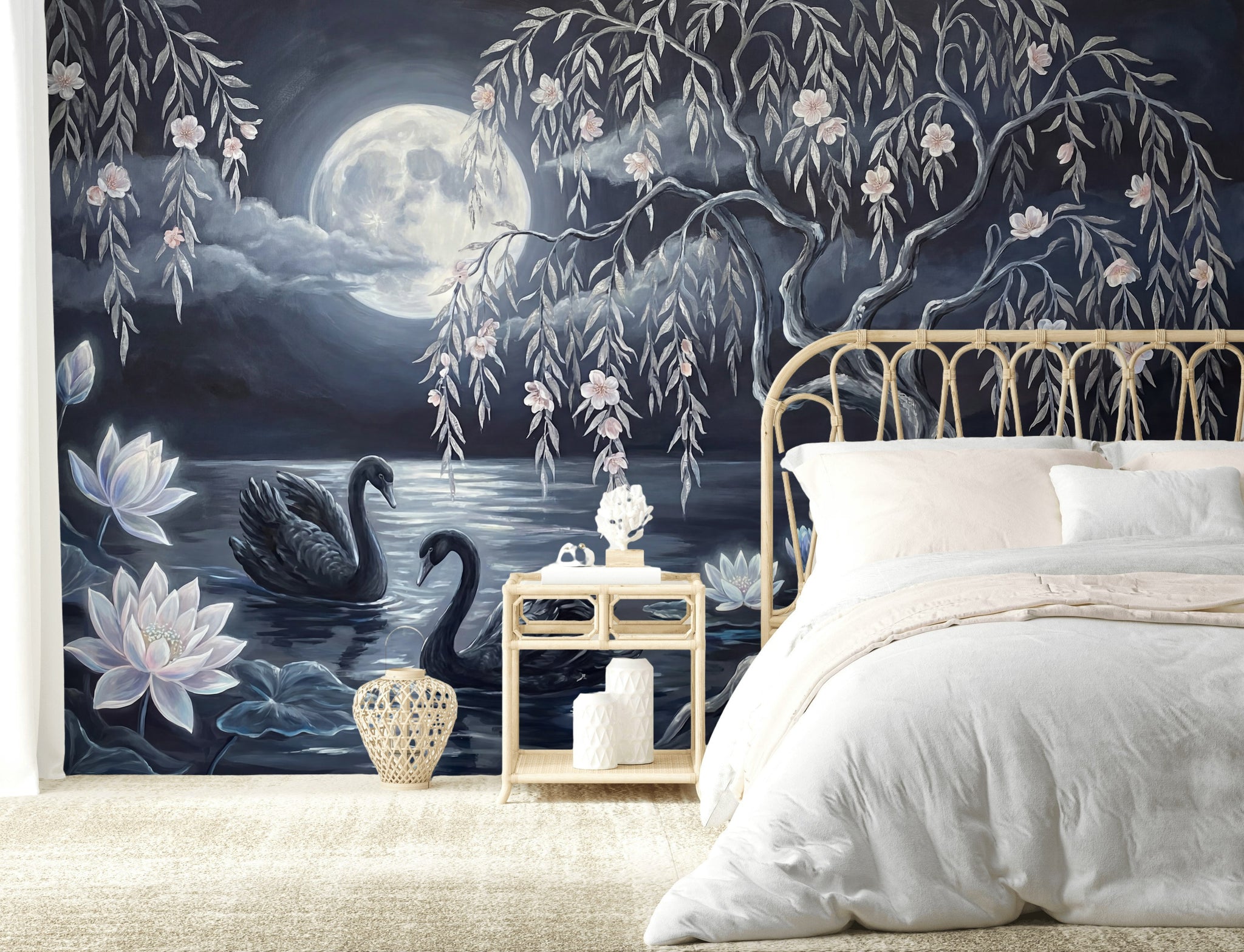 Gece Göl Manzaralı Poster Duvar Kağıdı Kuğulu Salon Dekoru