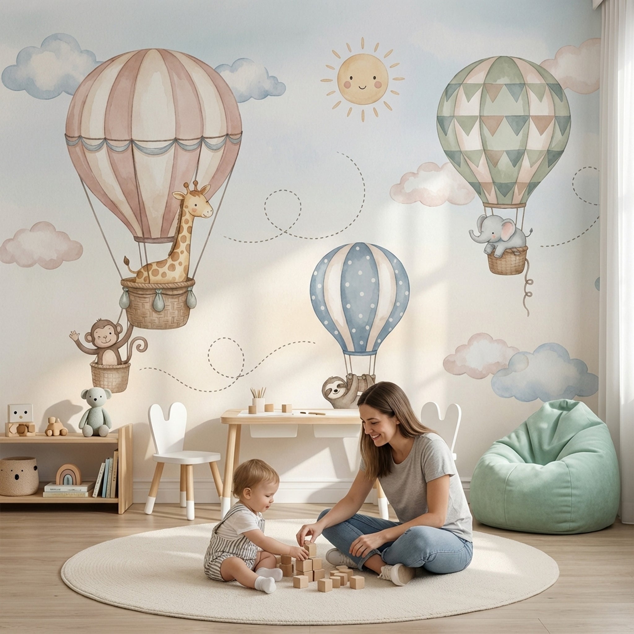 Sevimli Balonlu Hayvanlar Poster Duvar Kağıdı Mavi Çocuk Odası