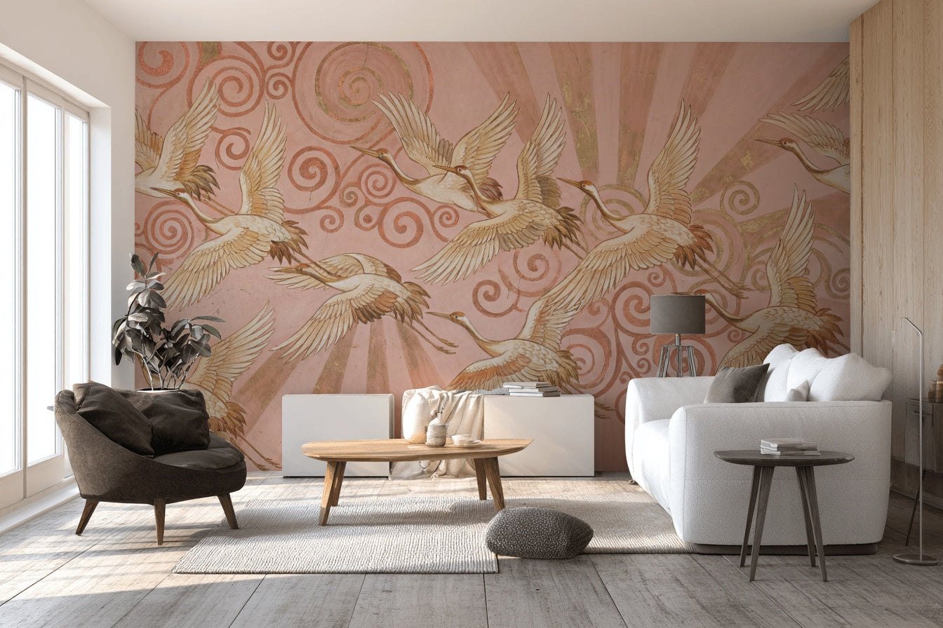 Uçan Turna Kuşlu Poster Duvar Kağıdı Pudra Pembe Salon