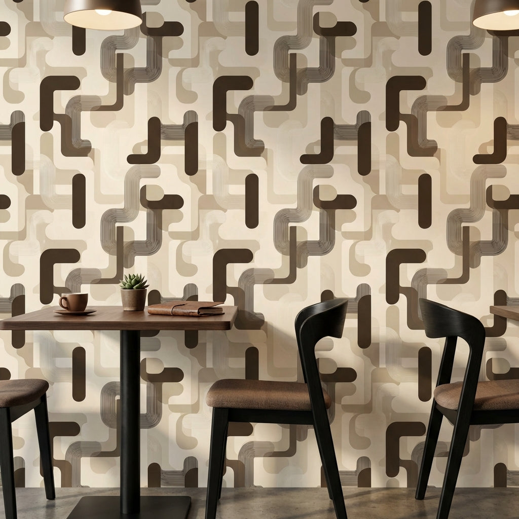 Geometrik Zincir Desenli Duvar Kağıdı Bej Kahverengi Modern Salon