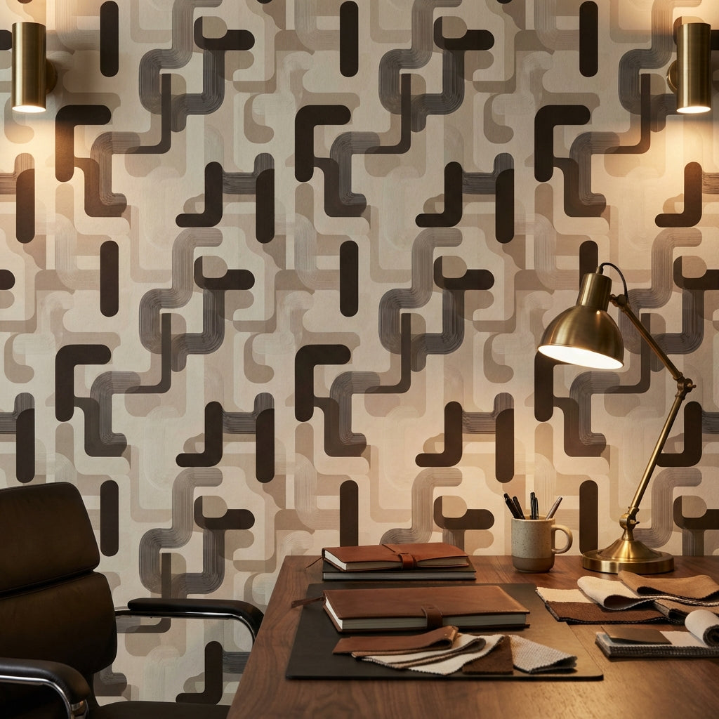Geometrik Zincir Desenli Duvar Kağıdı Bej Kahverengi Modern Salon