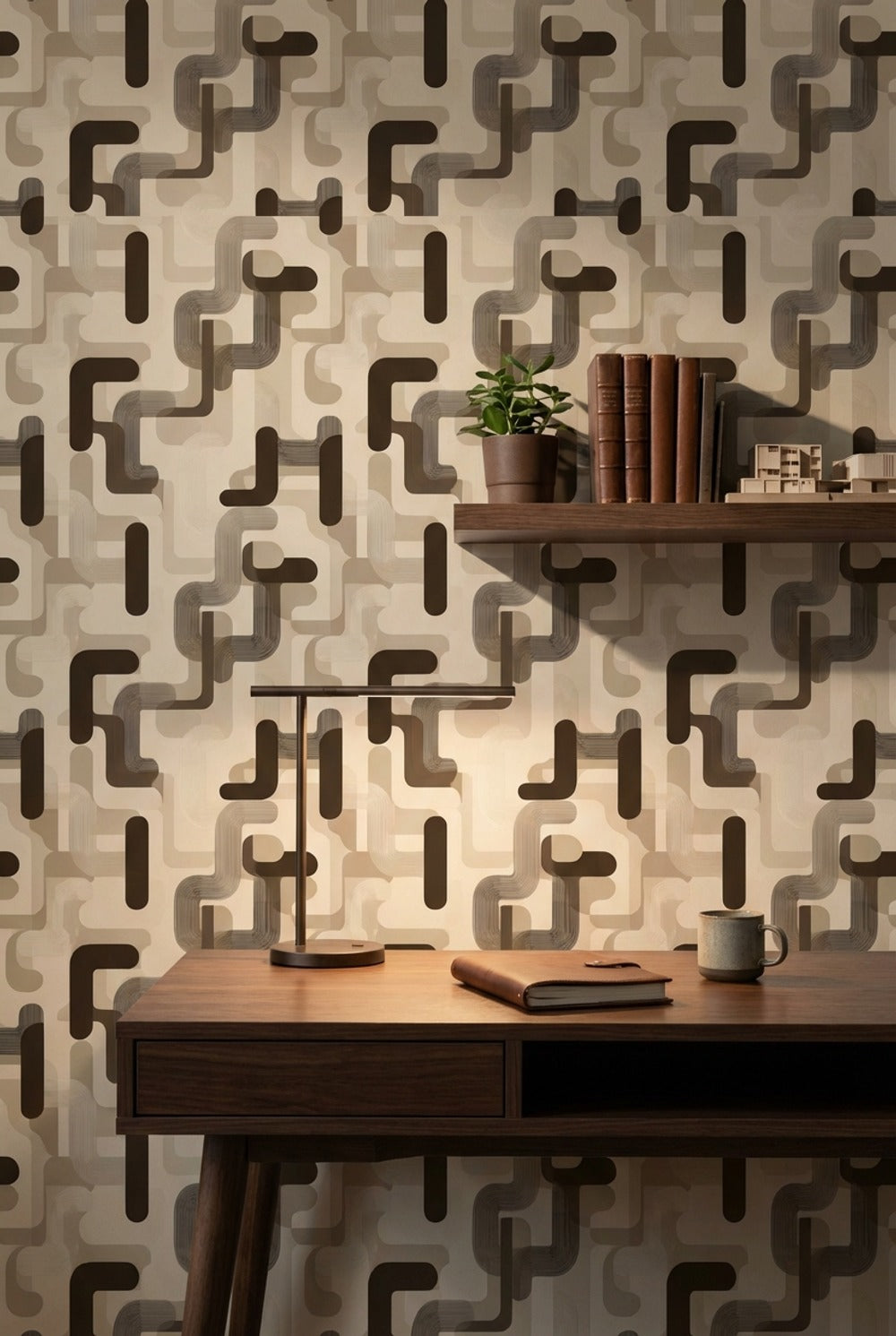 Geometrik Zincir Desenli Duvar Kağıdı Bej Kahverengi Modern Salon
