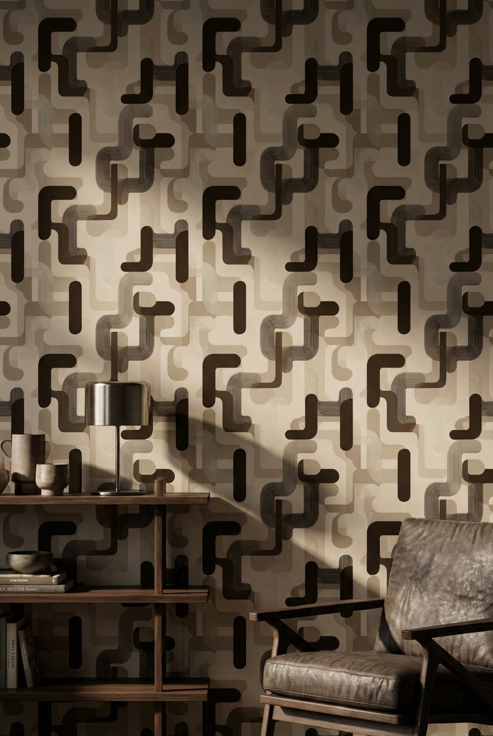 Geometrik Zincir Desenli Duvar Kağıdı Bej Kahverengi Modern Salon