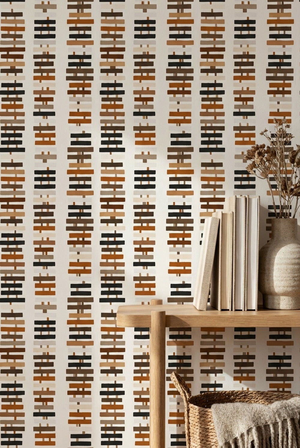 Geometrik Çizgili Duvar Kağıdı Bej Kahverengi Modern Salon