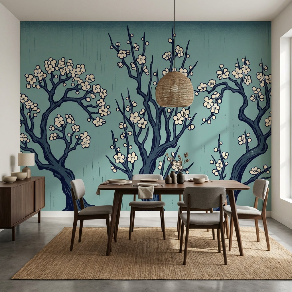 Sakura Çiçekli Dallı Poster Duvar Kağıdı Mavi Salon