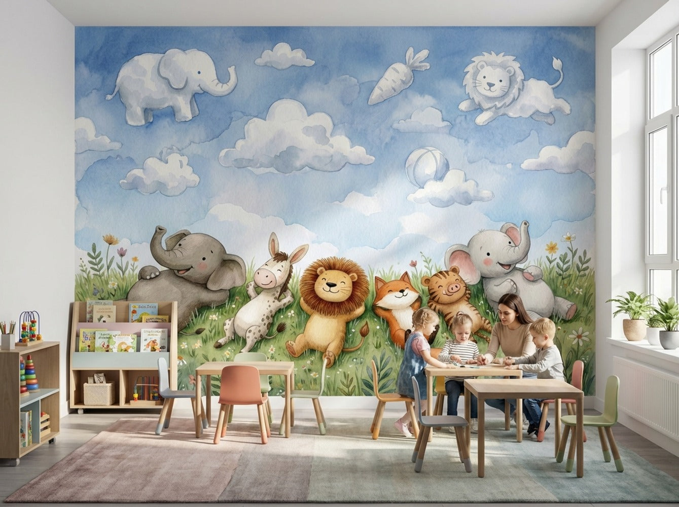 Sevimli Safari Hayvanları Poster Duvar Kağıdı Mavi Çocuk Odası