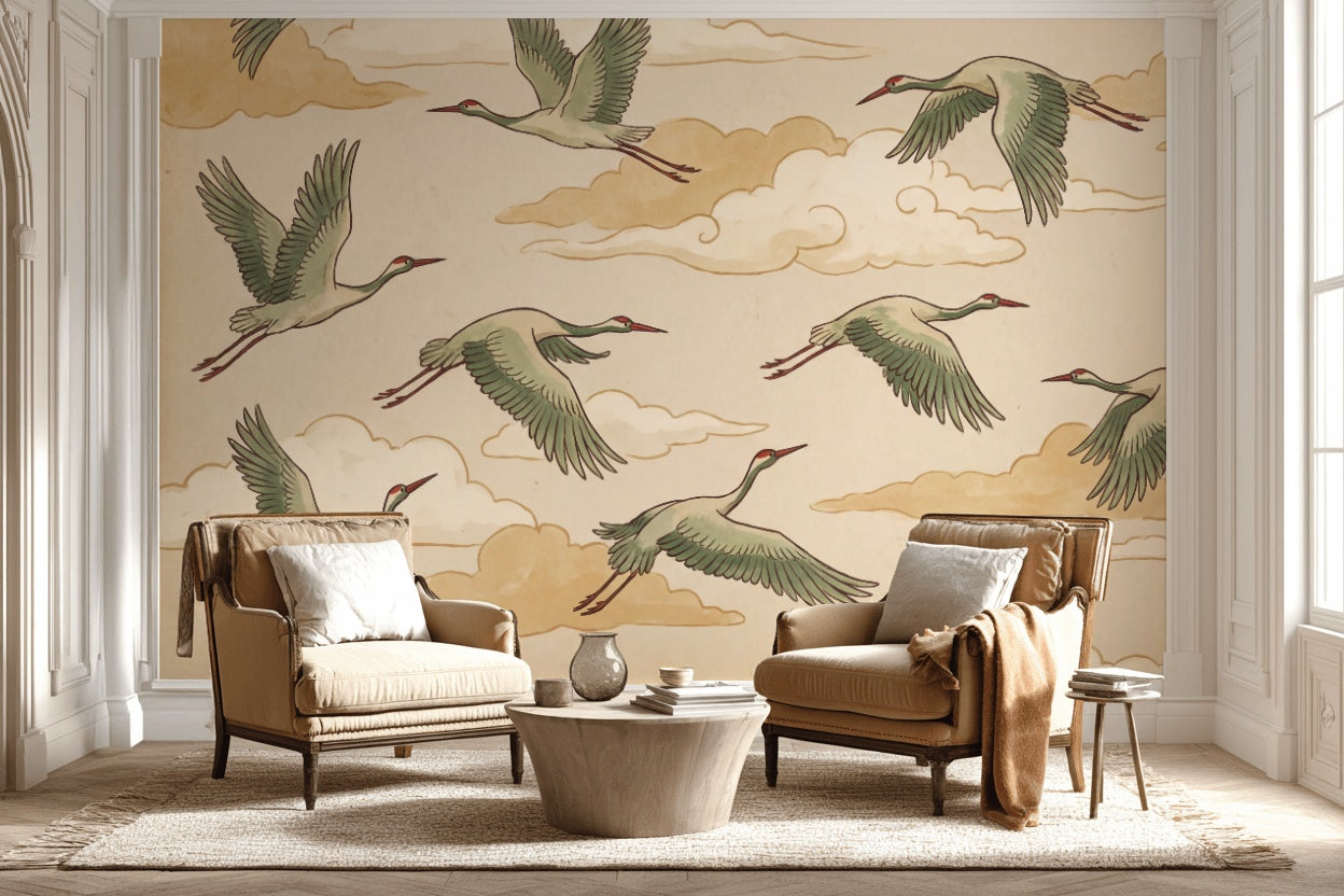 Uçan Turnalı Poster Duvar Kağıdı Bej Bulut Desenli