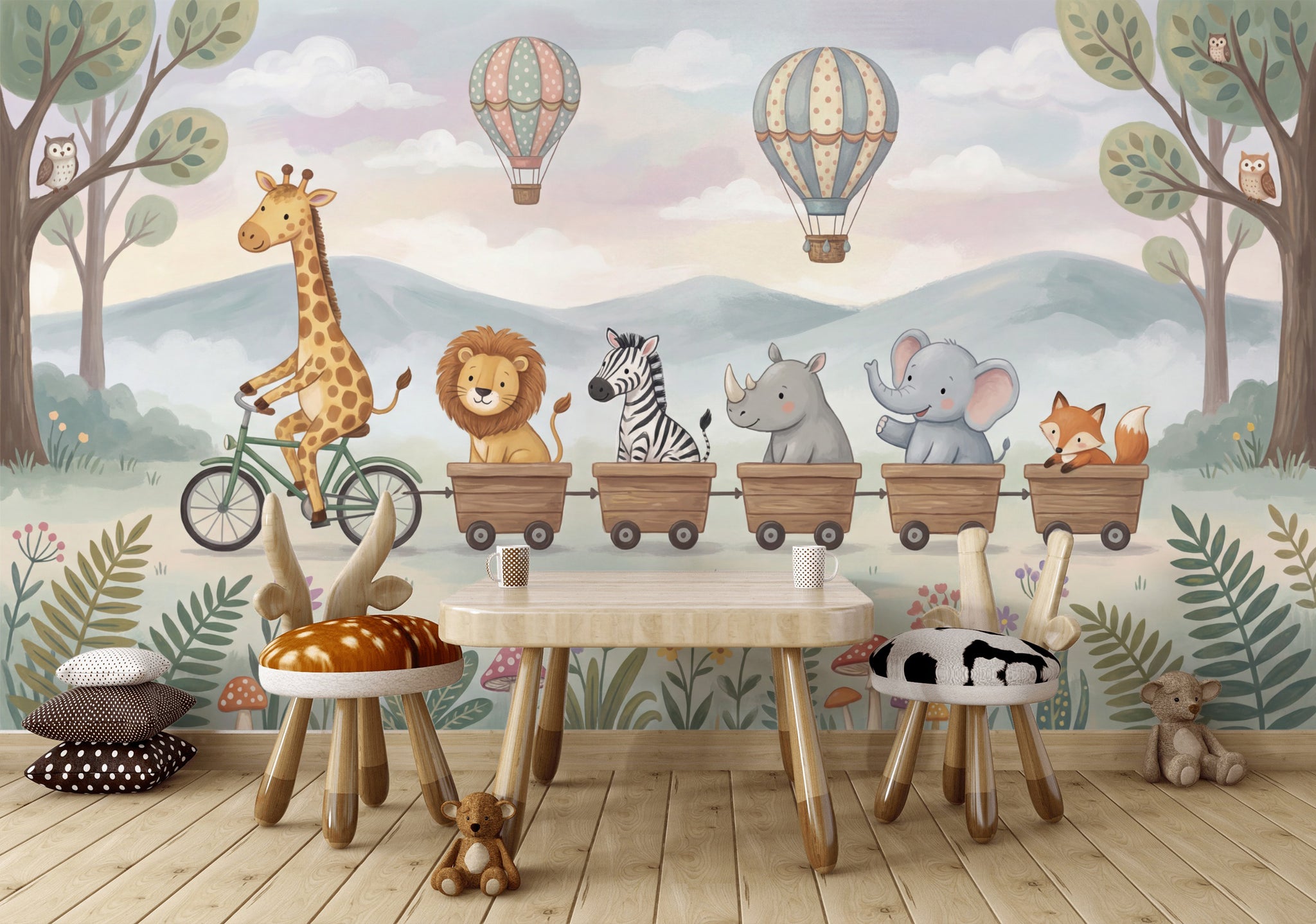 Sevimli Safari Hayvanlı Poster Duvar Kağıdı Çocuk Odası Pastel