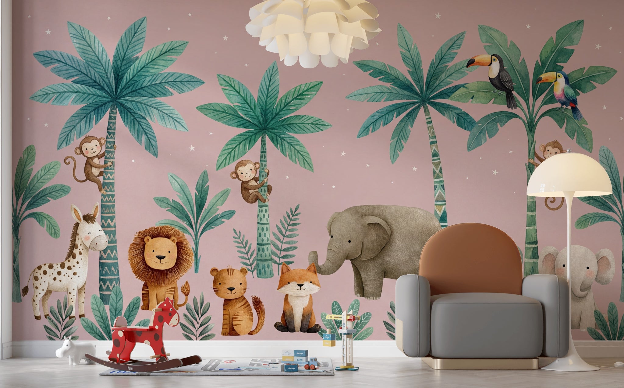Safari Hayvanlı Poster Duvar Kağıdı Pembe Çocuk Odası