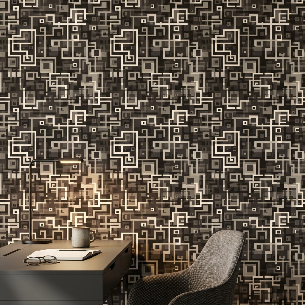 Geometrik Kareli Duvar Kağıdı Siyah Bej Modern Salon