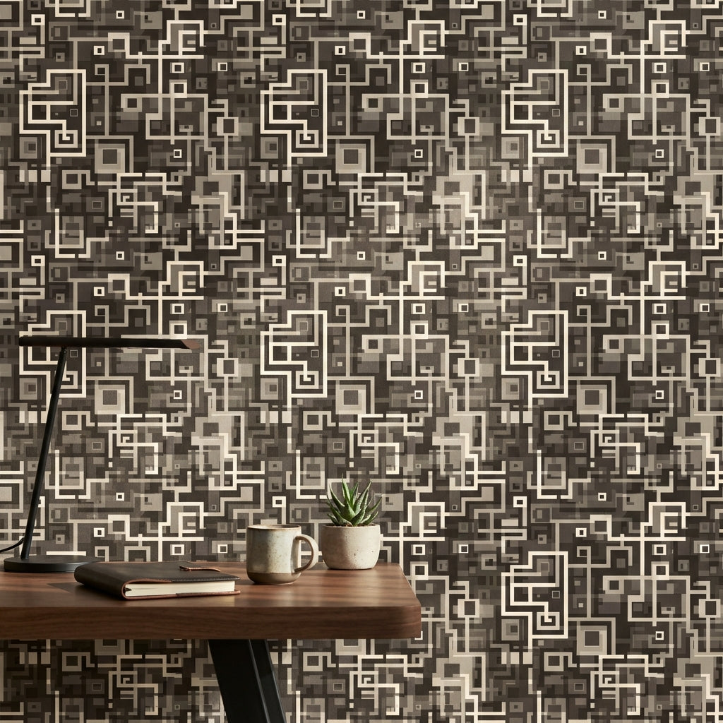 Geometrik Kareli Duvar Kağıdı Siyah Bej Modern Salon