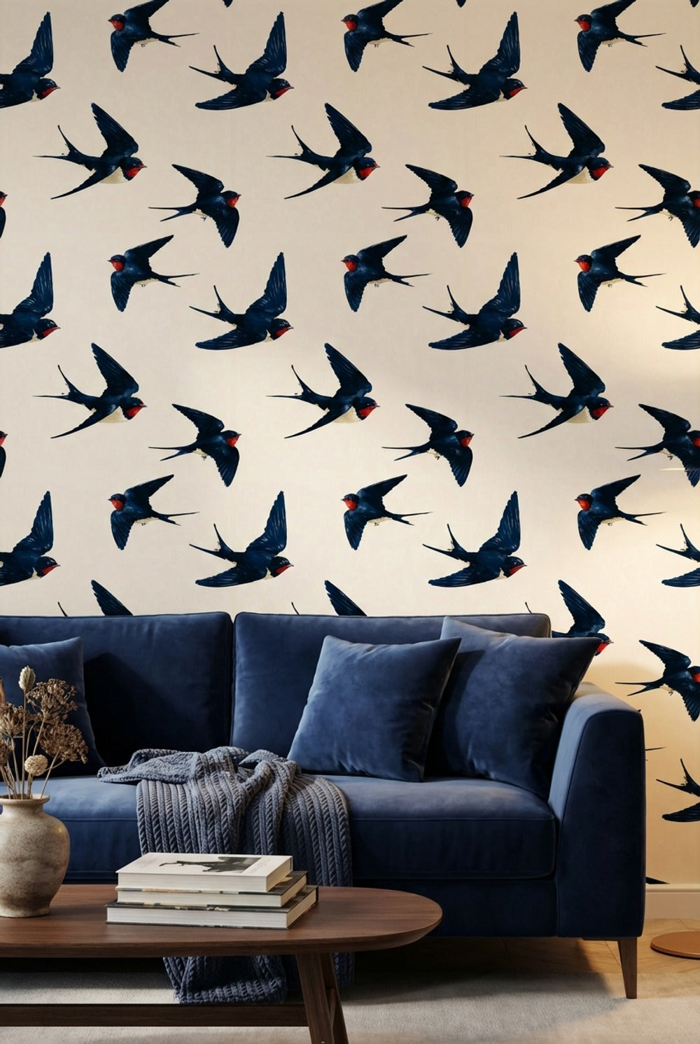Uçan Kırlangıç Desenli Duvar Kağıdı Lacivert Bej Salon