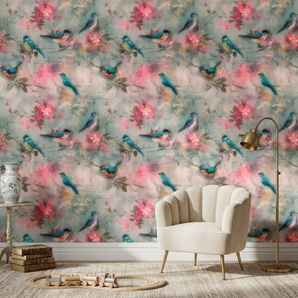Kuş ve Çiçek Desenli Duvar Kağıdı Pastel Vintage