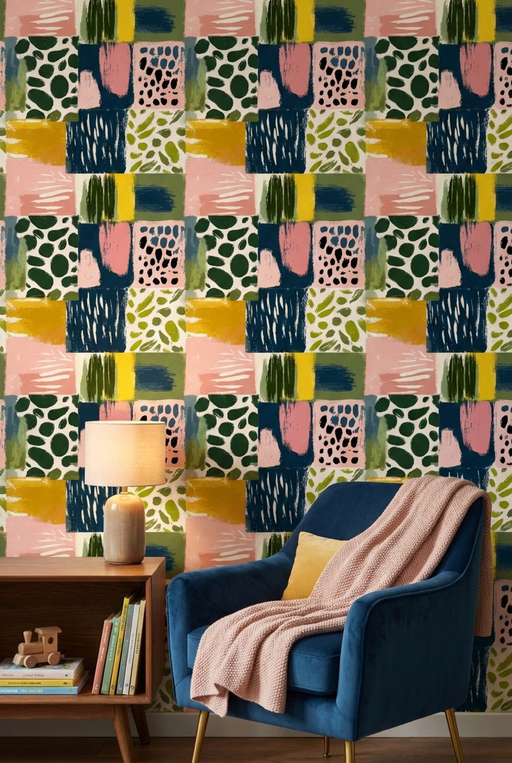Renkli Soyut Kare Desenli Duvar Kağıdı Modern Salon
