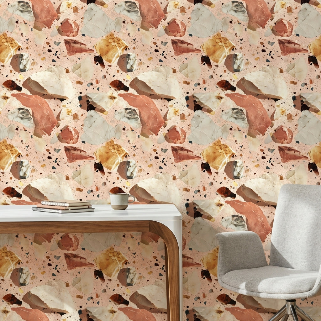 Terrazzo Desenli Duvar Kağıdı Bej Terracotta Modern Salon