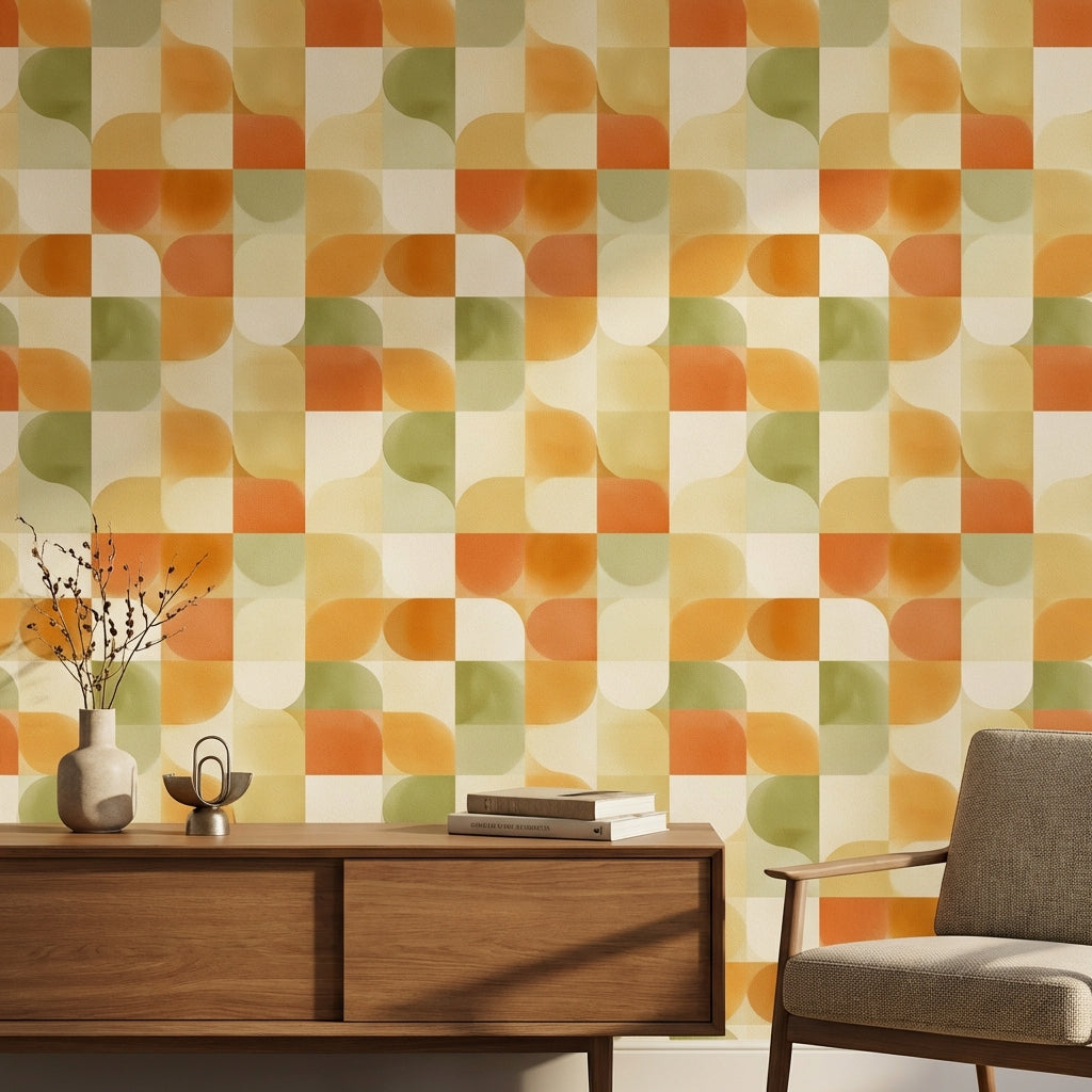 Retro Geometrik Duvar Kağıdı Turuncu Yeşil Kare Desenli