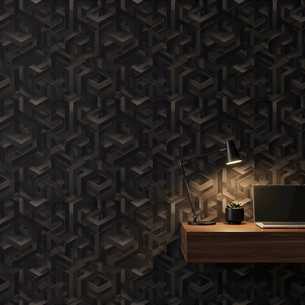 3D Geometrik Duvar Kağıdı Siyah Küp Desenli Ofis