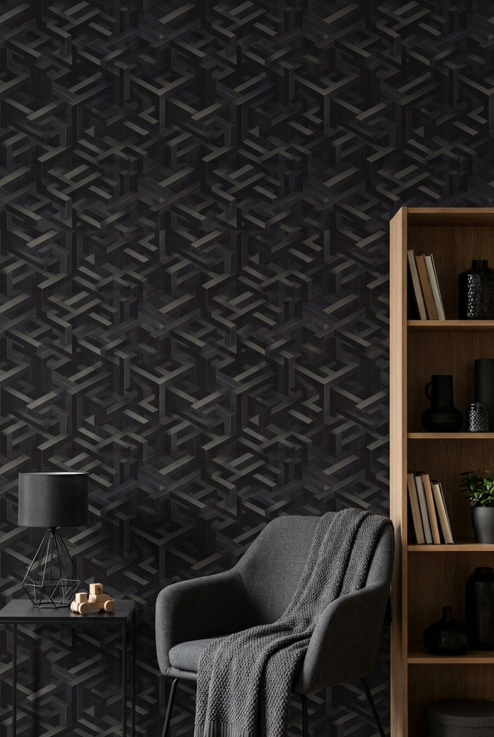 Geometrik 3D Küp Desenli Duvar Kağıdı Siyah Modern