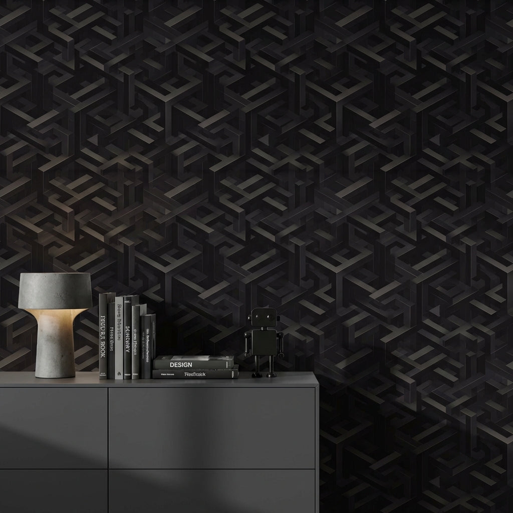 Geometrik 3D Küp Desenli Duvar Kağıdı Siyah Modern