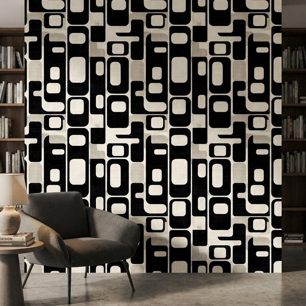 Retro Geometrik Duvar Kağıdı Siyah Beyaz Modern Salon