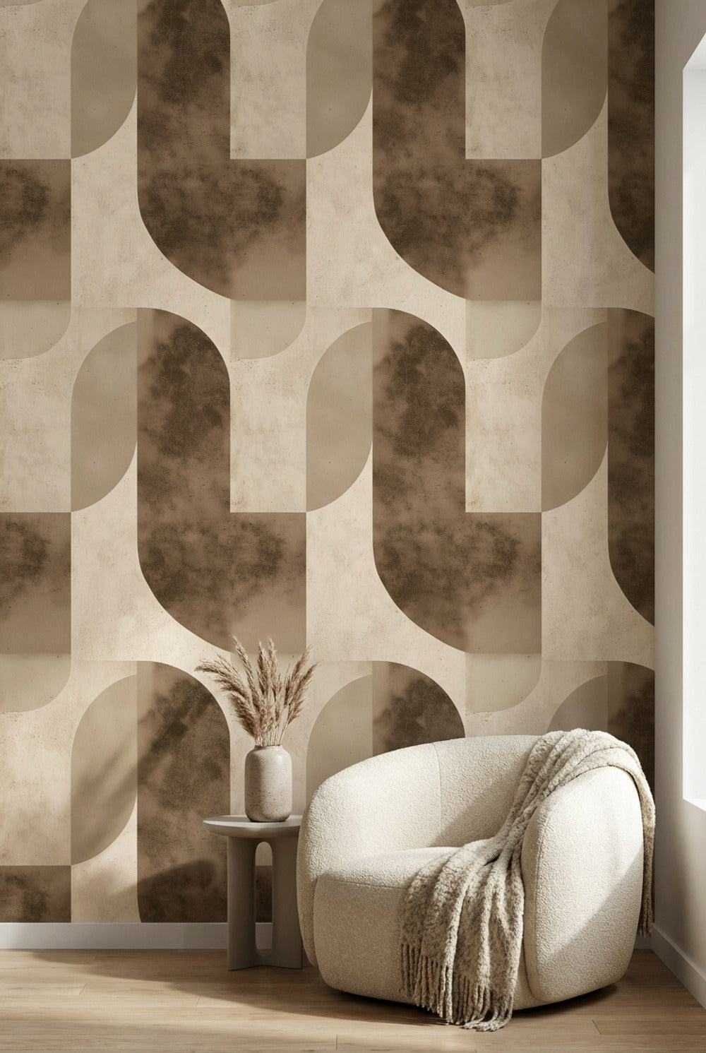 Geometrik Kemer Desenli Duvar Kağıdı Bej Kahverengi Modern Salon