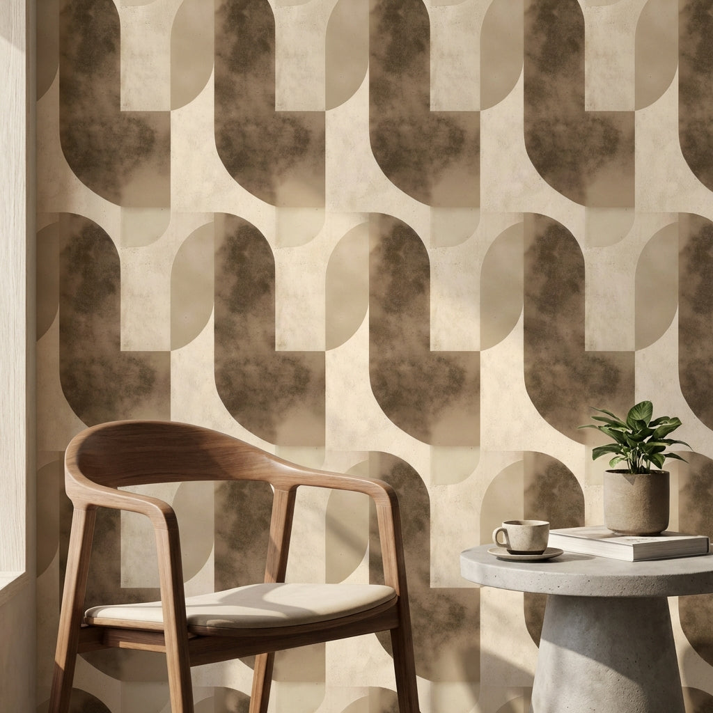 Geometrik Kemer Desenli Duvar Kağıdı Bej Kahverengi Modern Salon