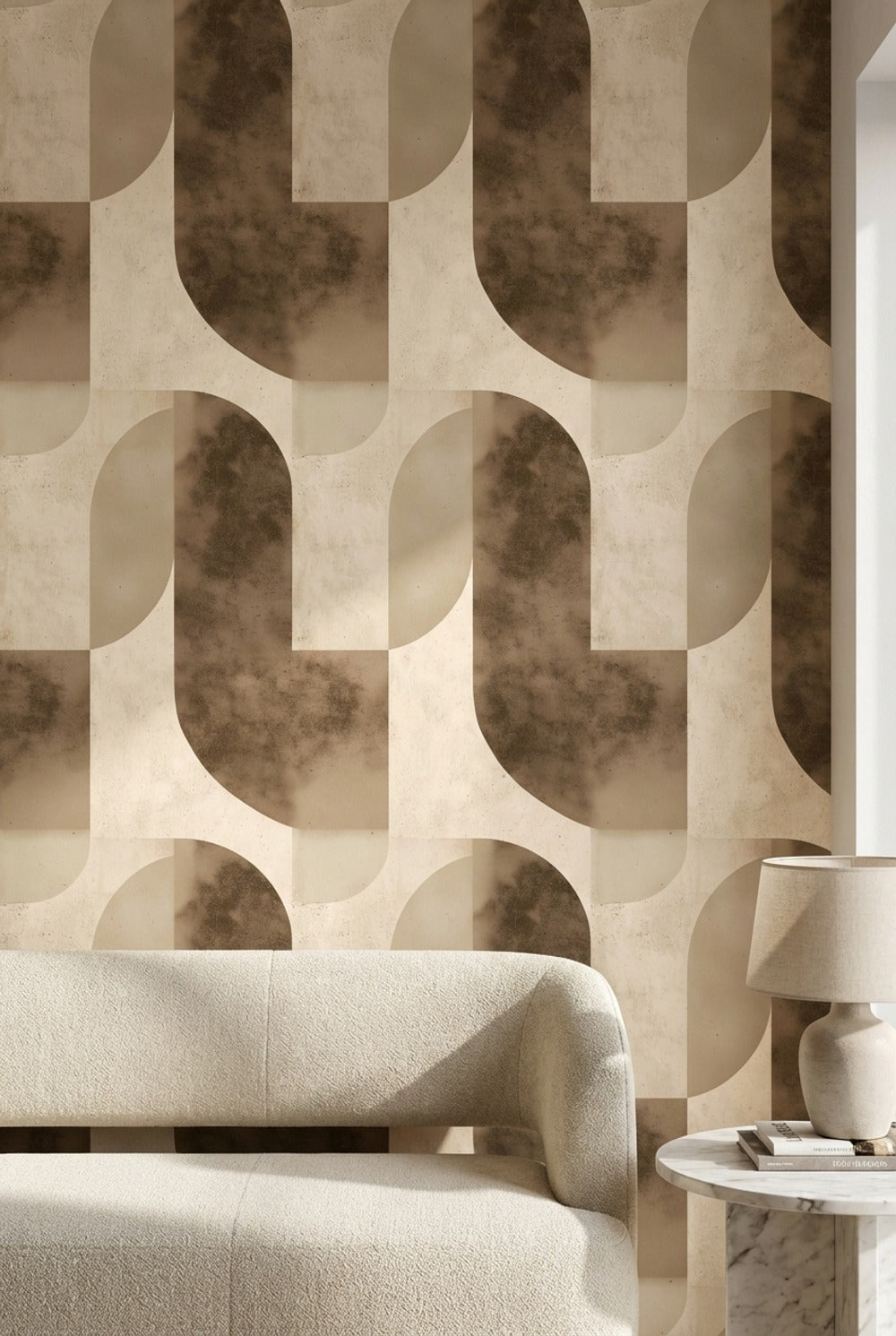 Geometrik Kemer Desenli Duvar Kağıdı Bej Kahverengi Modern Salon