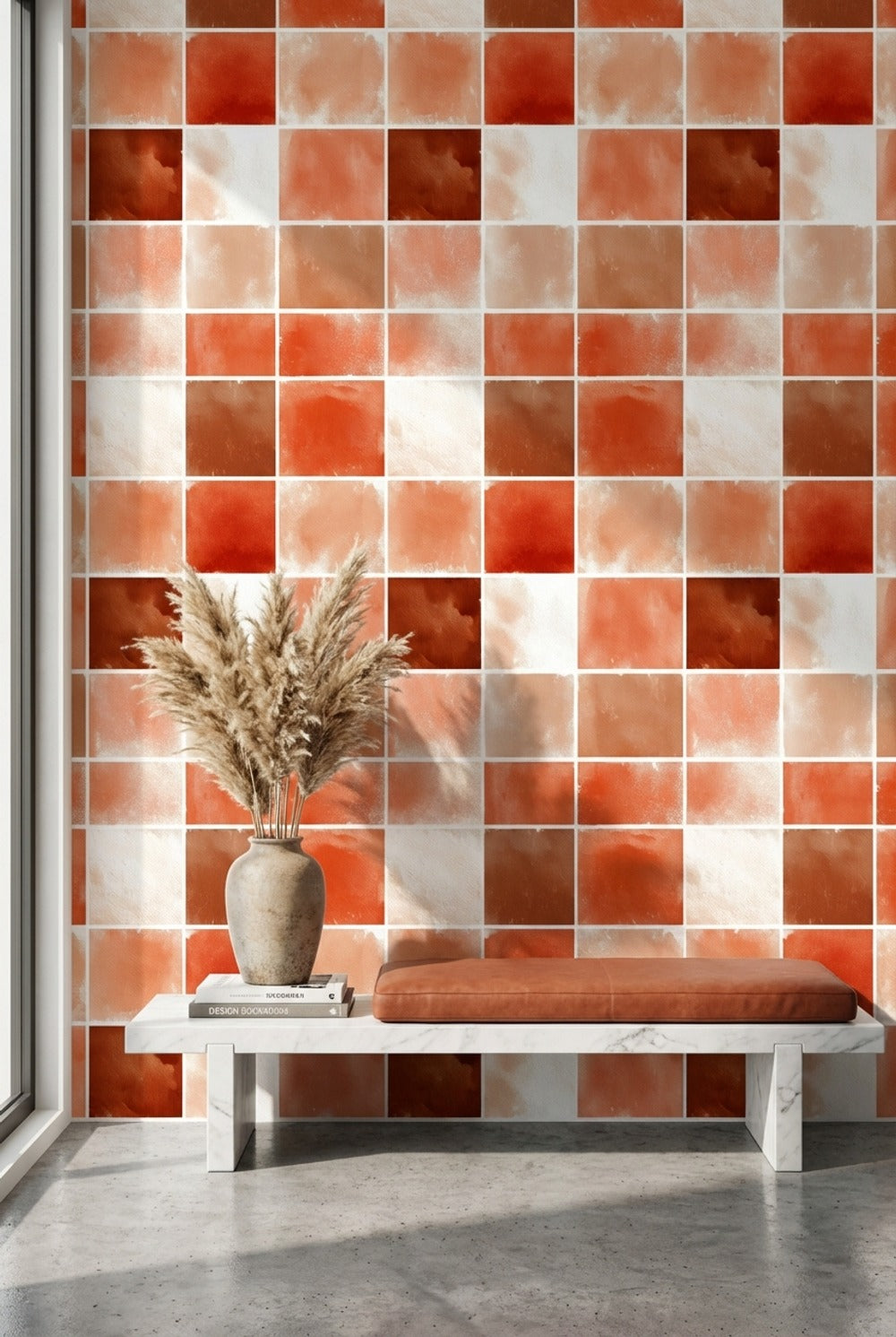 Kare Desenli Duvar Kağıdı Terracotta Tonlarda Modern Dekor