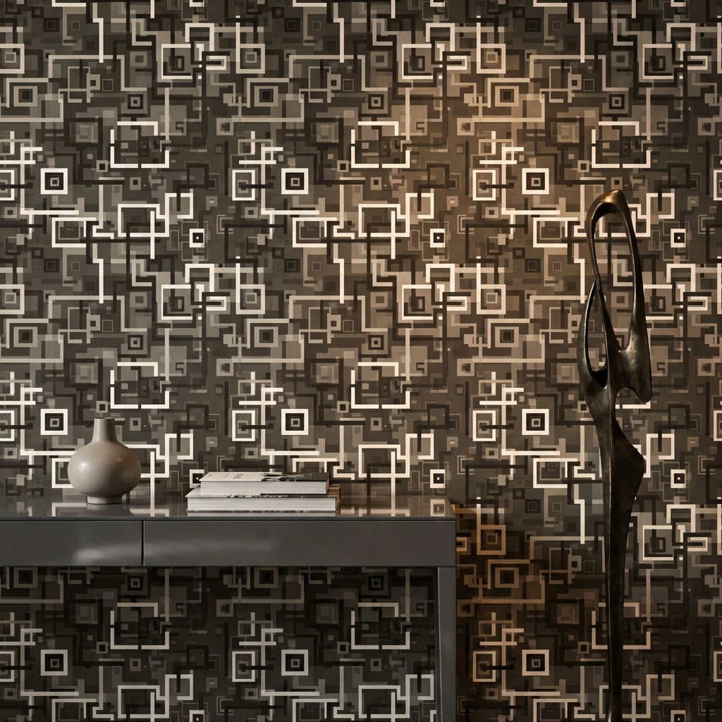 Geometrik Kare Desenli Duvar Kağıdı Gri Siyah Salon