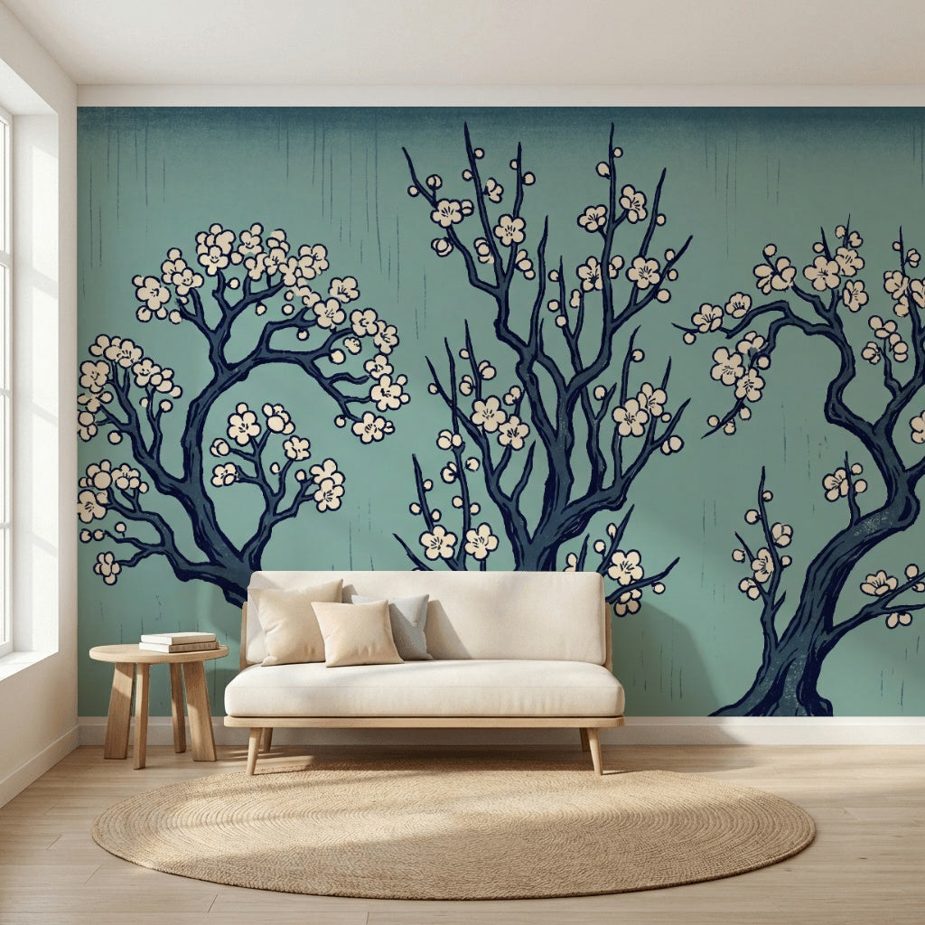 Sakura Çiçekli Dallı Poster Duvar Kağıdı Mavi Salon