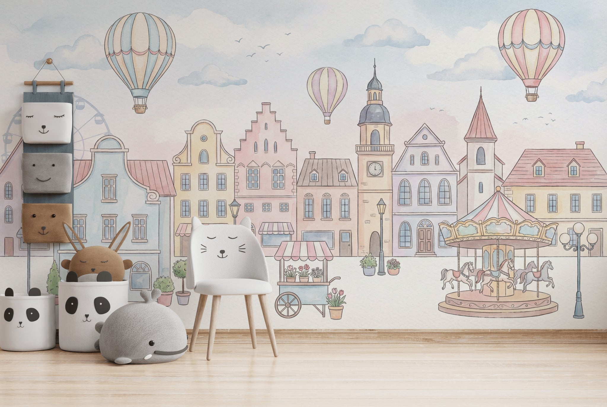 Balonlu Masal Şehri Poster Duvar Kağıdı Pastel Bebek Odası