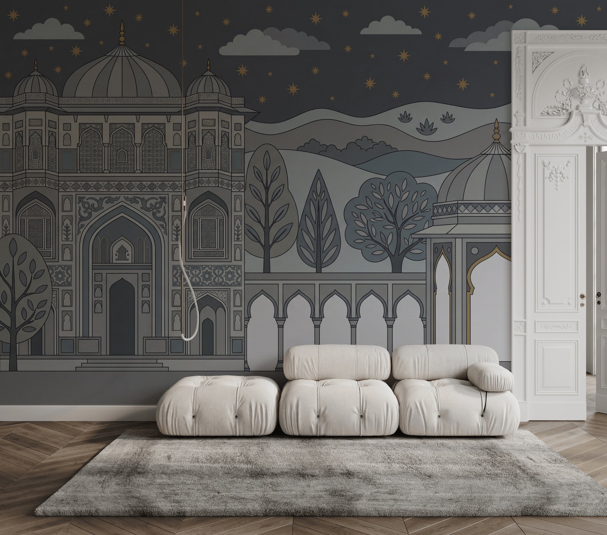 Saray Mimari Desenli Poster Duvar Kağıdı Gece Gökyüzü Salon