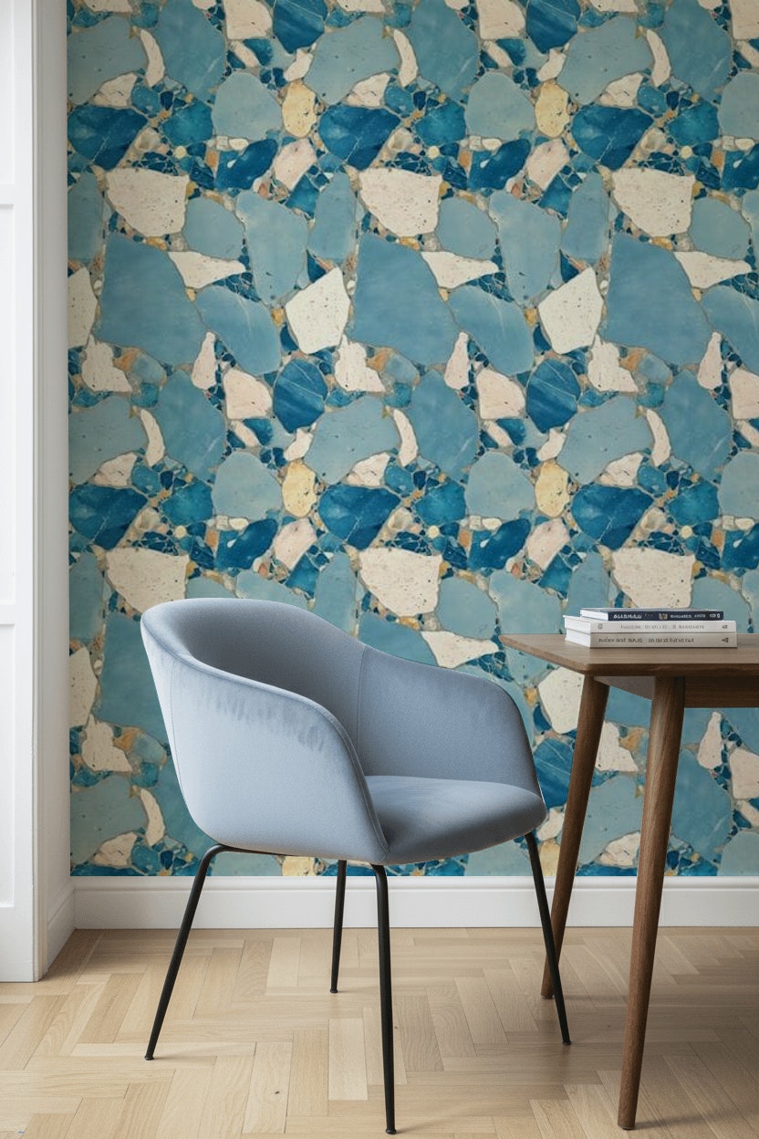Mavi Terrazzo Desenli Duvar Kağıdı Modern Salon Dekoru