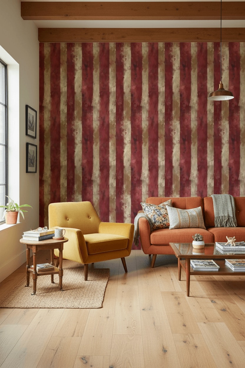 Bordo Çizgili Duvar Kağıdı Vintage Klasik Salon Dekoru