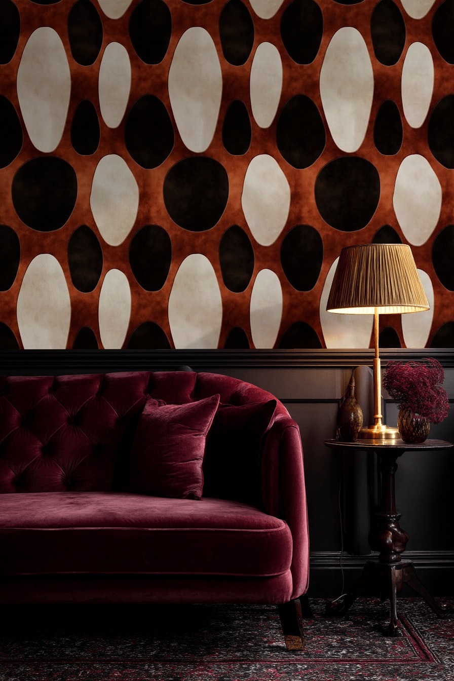 Retro Oval Desenli Duvar Kağıdı Kahverengi Siyah Salon