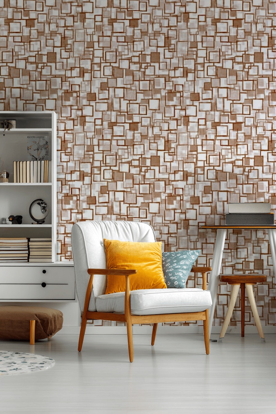 Geometrik Kare Desenli Duvar Kağıdı Kahverengi Krem Modern