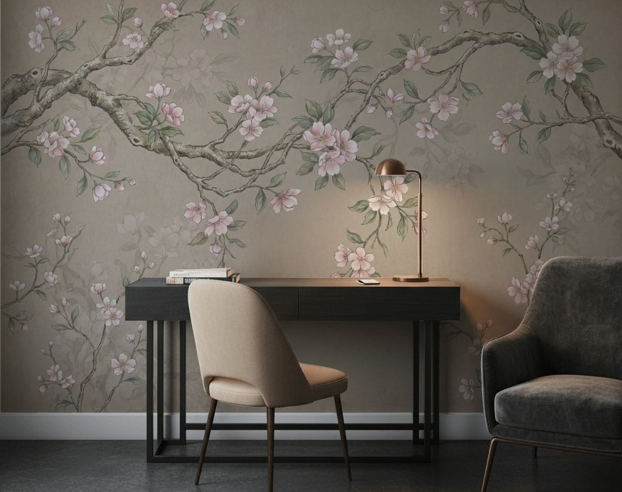 Sakura Çiçekli Dal Desenli Poster Duvar Kağıdı Bej Salon