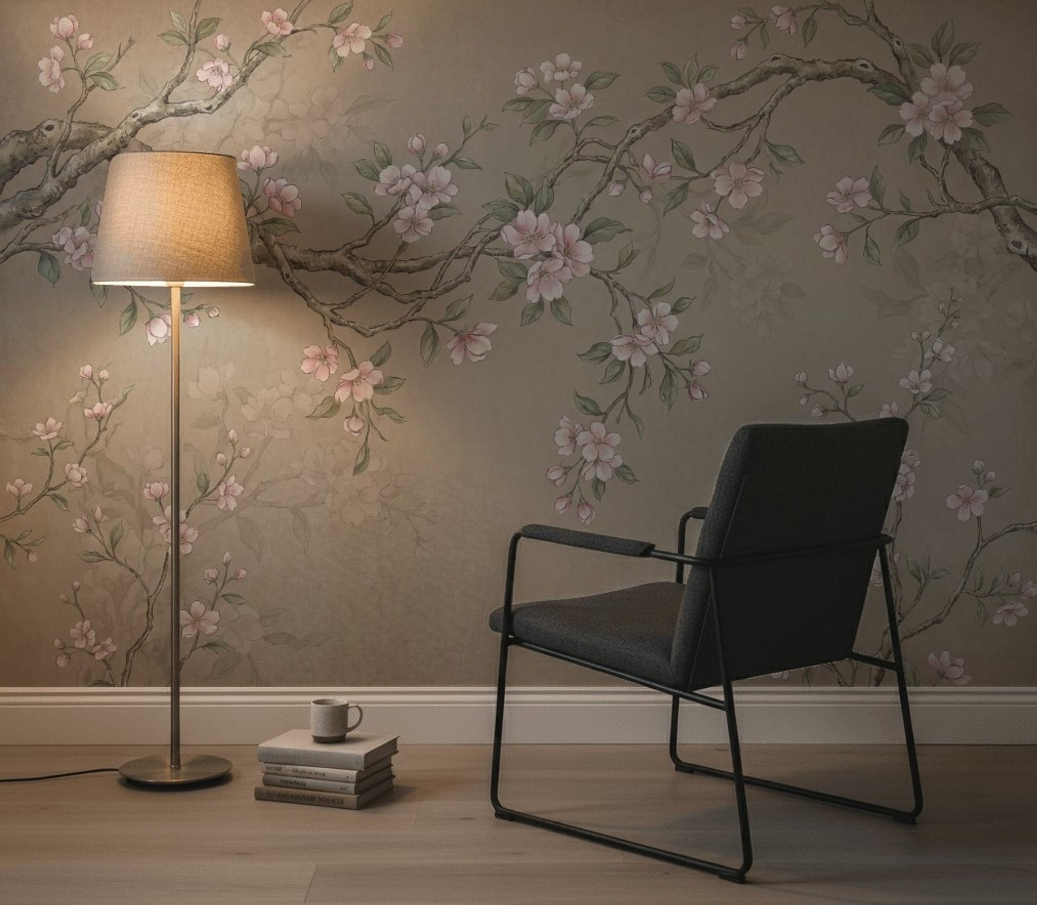 Sakura Çiçekli Dal Desenli Poster Duvar Kağıdı Bej Salon