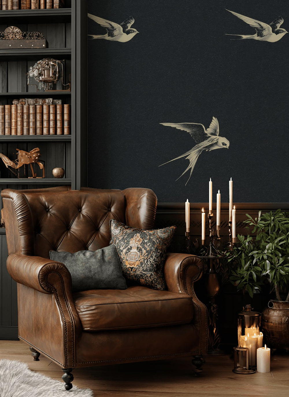 Uçan Kuş Desenli Duvar Kağıdı Siyah Modern Salon