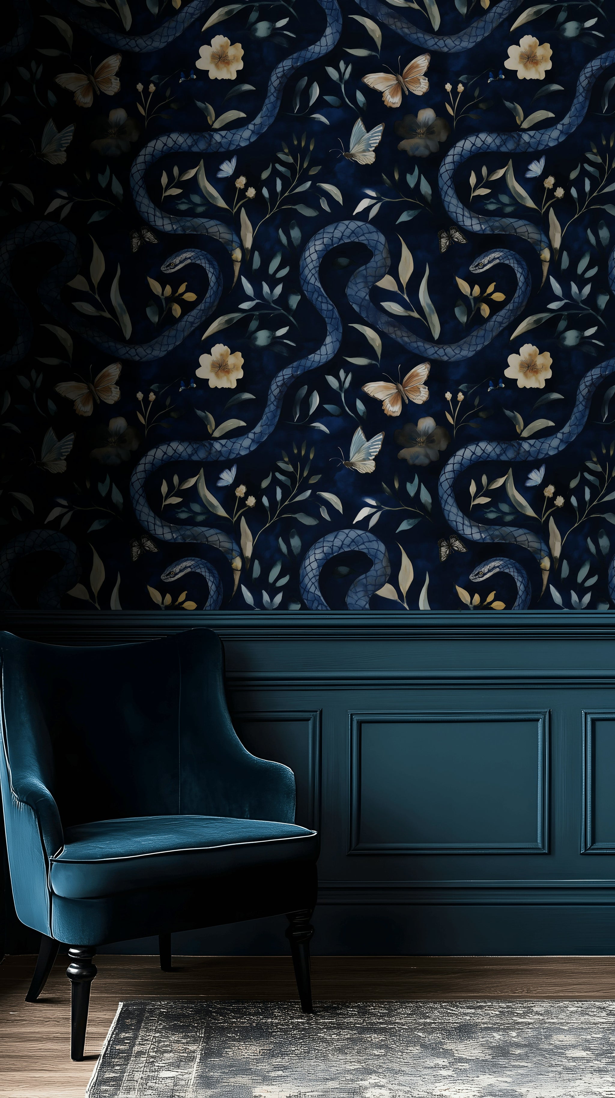 Yılan ve Kelebek Desenli Duvar Kağıdı Lacivert Salon