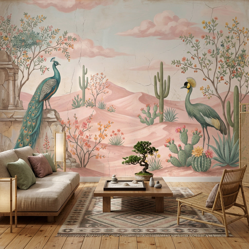 Tavus Kuşlu Çöl Manzarası Poster Duvar Kağıdı Pastel Salon