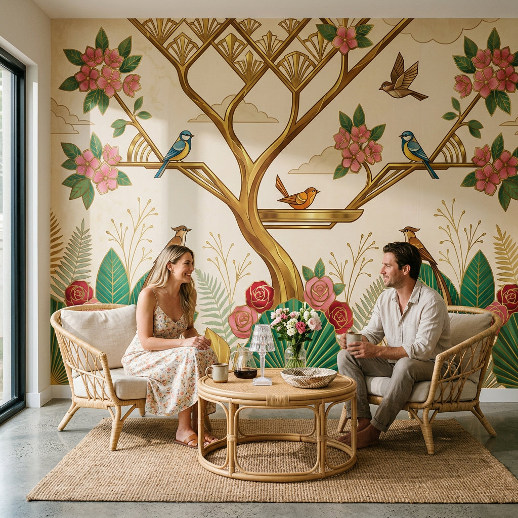Art Deco Kuş ve Çiçekli Poster Duvar Kağıdı Salon