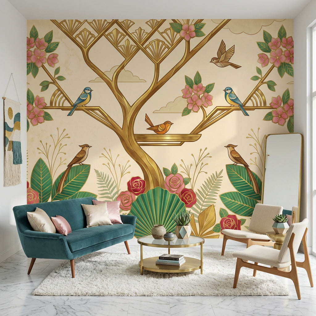 Art Deco Kuş ve Çiçekli Poster Duvar Kağıdı Salon