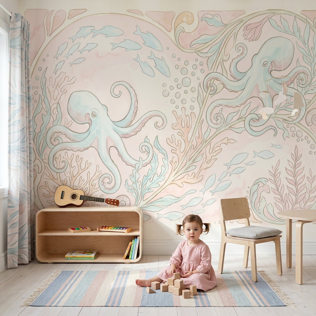 Pastel Deniz Altı Ahtapotlu Poster Duvar Kağıdı Çocuk Odası