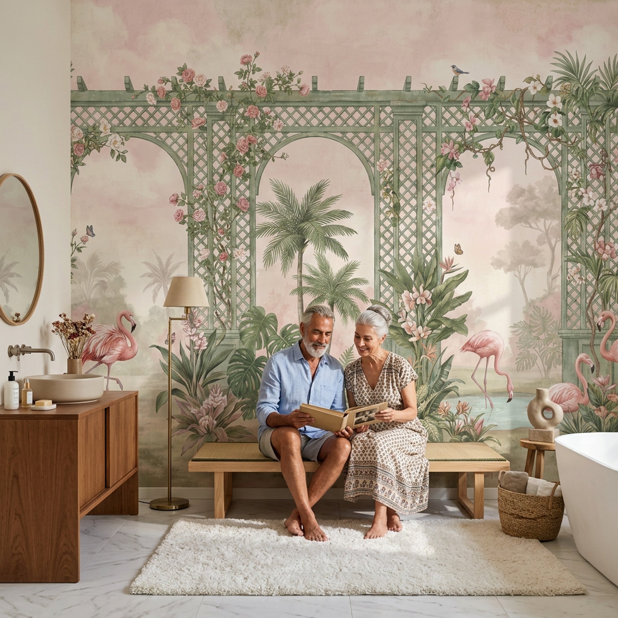Bahçe Pergola Poster Duvar Kağıdı Pembe Çiçekli Yeşil Desenli
