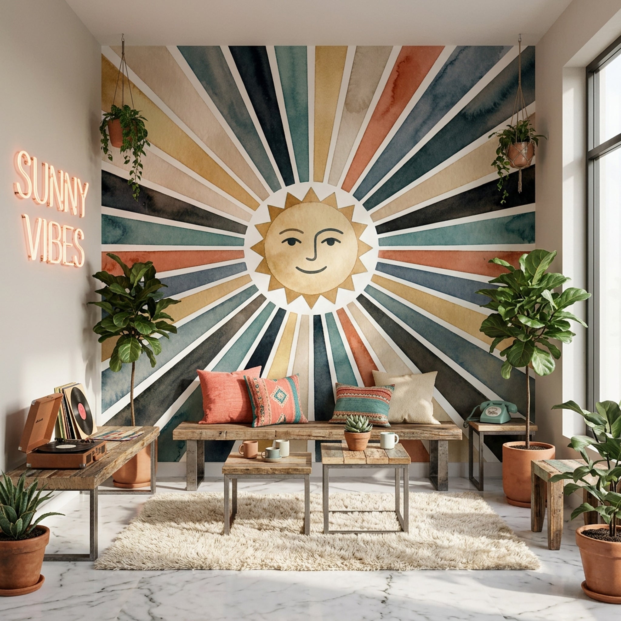 Gülen Yüz Güneş Poster Duvar Kağıdı Renkli Işınlı Salon